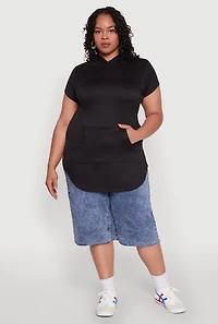 Womens Plus Size Kangaroo Pocket Tunic Hooded Top, Black, Size 2X