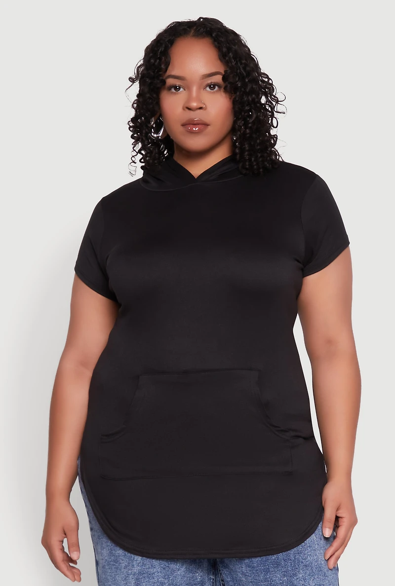 Womens Plus Size Kangaroo Pocket Tunic Hooded Top, Black, Size 2X