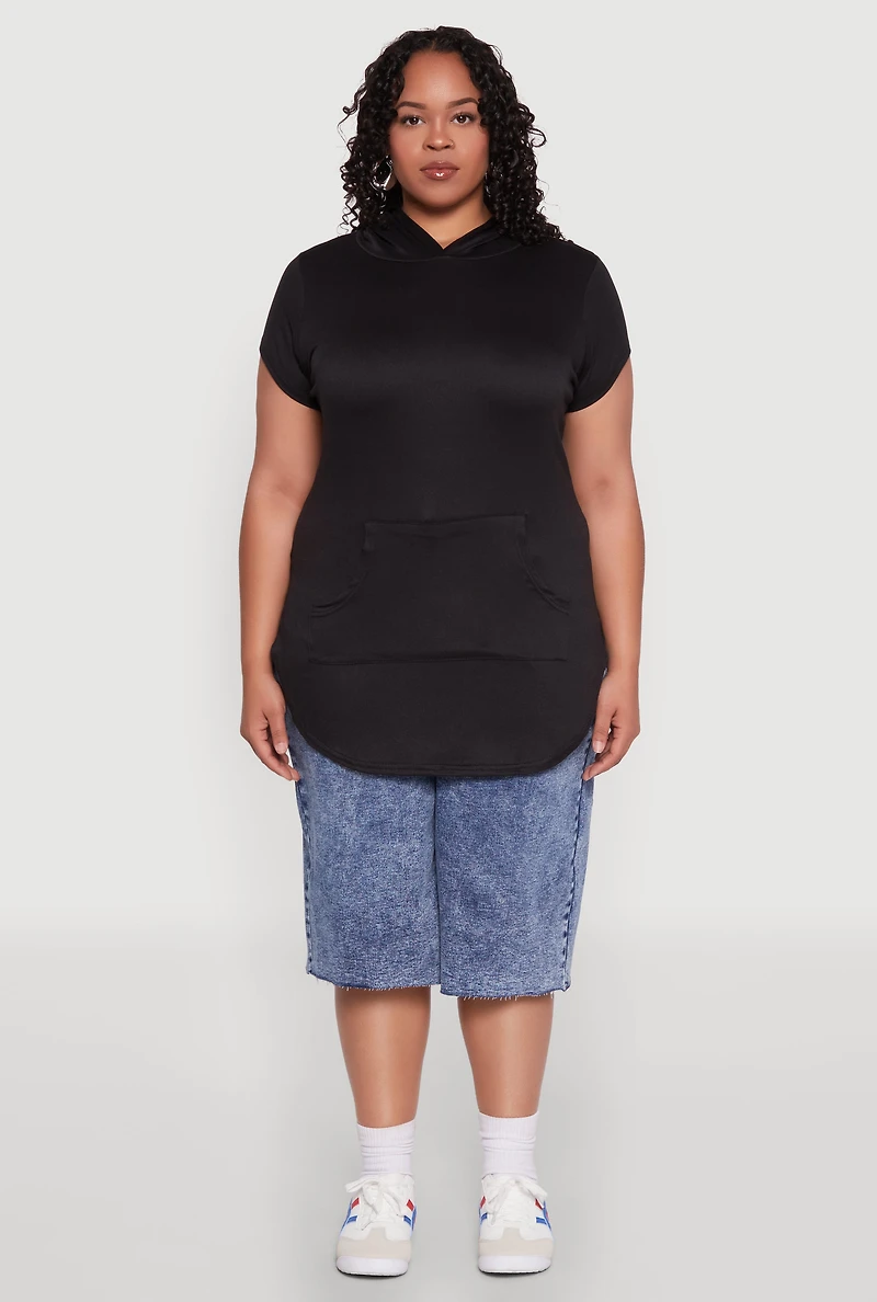 Womens Plus Size Kangaroo Pocket Tunic Hooded Top, Black, Size 2X