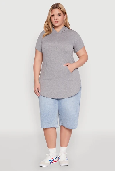 Womens Plus Kangaroo Pocket Tunic Hooded Top,