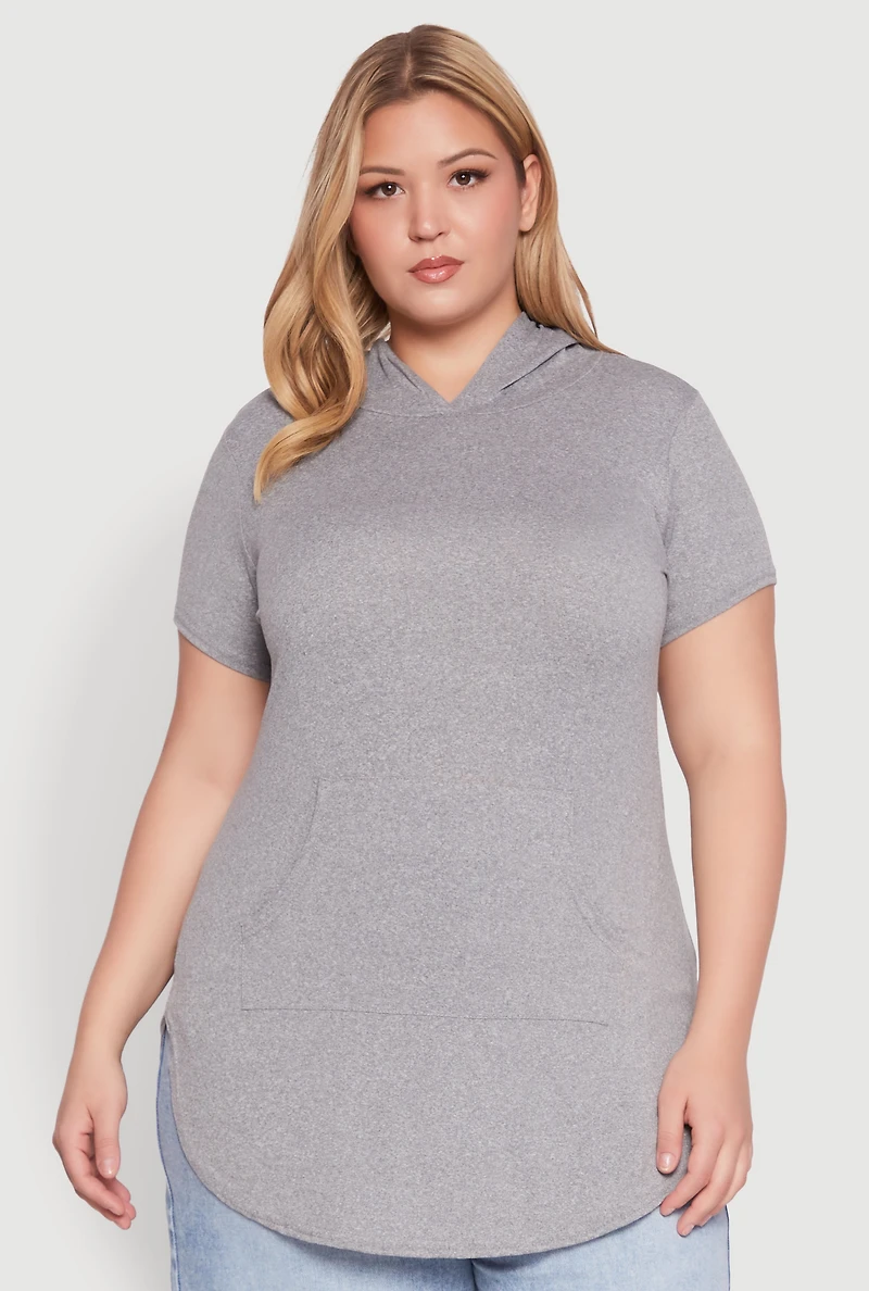 Womens Plus Size Kangaroo Pocket Tunic Hooded Top, Grey, Size 1X