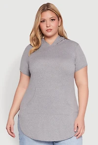 Womens Plus Size Kangaroo Pocket Tunic Hooded Top, Grey, Size 1X