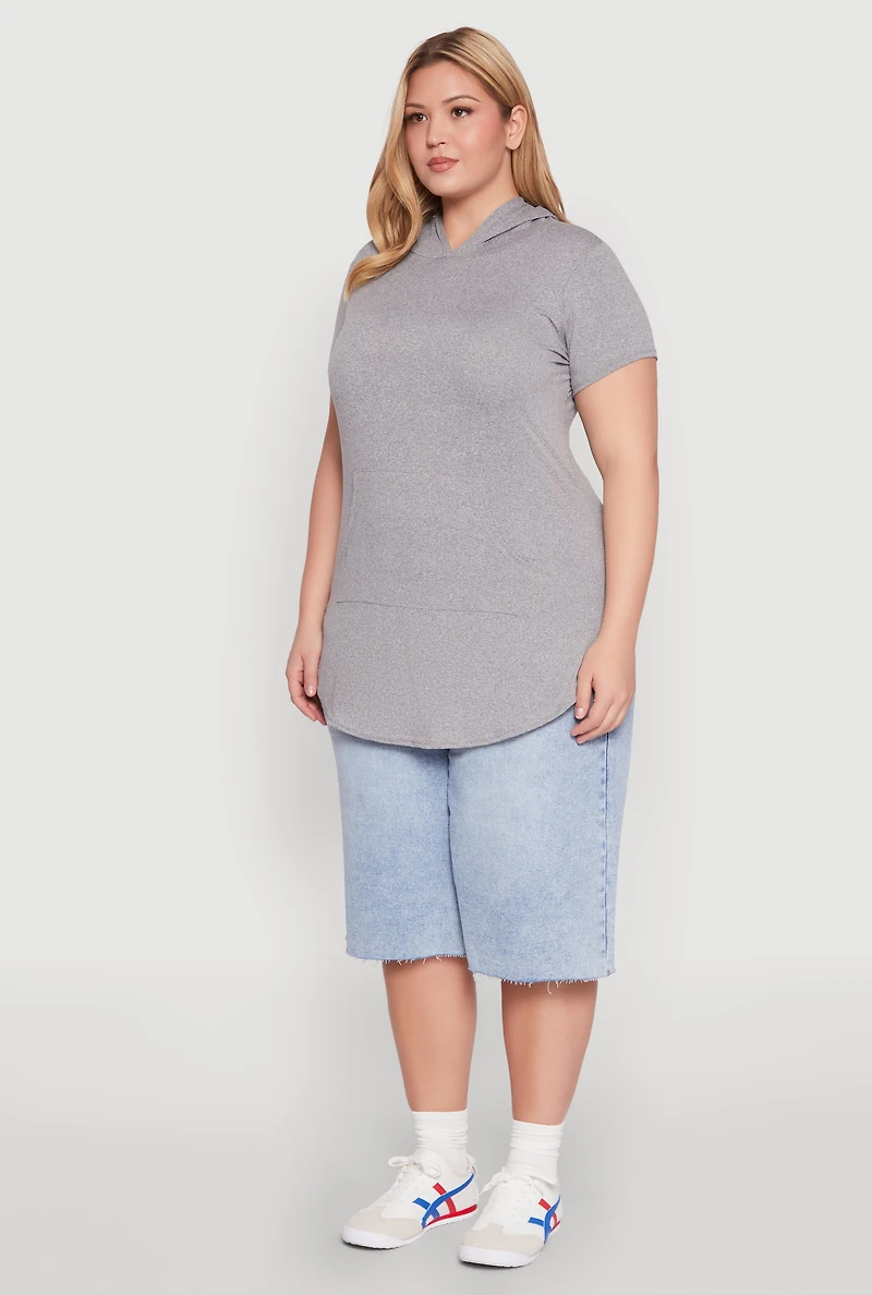 Womens Plus Size Kangaroo Pocket Tunic Hooded Top, Grey, Size 1X
