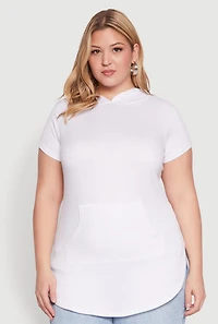 Womens Plus Size Kangaroo Pocket Tunic Hooded Top, White, Size 2X