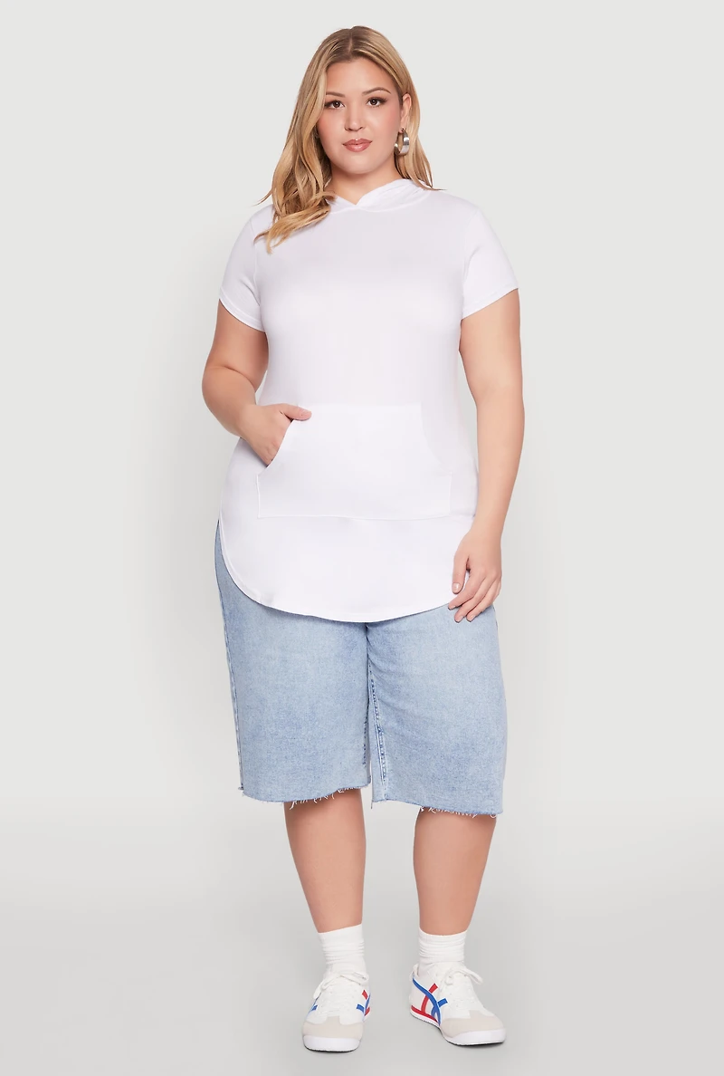 Womens Plus Size Kangaroo Pocket Tunic Hooded Top, White, Size 2X