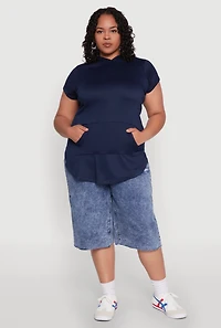 Womens Plus Kangaroo Pocket Tunic Hooded Top, Blue,