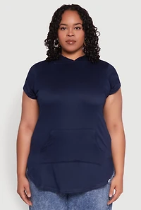 Womens Plus Kangaroo Pocket Tunic Hooded Top, Blue,
