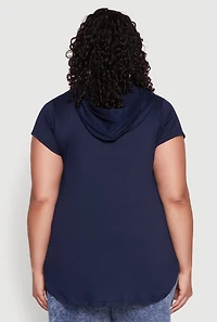 Womens Plus Kangaroo Pocket Tunic Hooded Top, Blue,