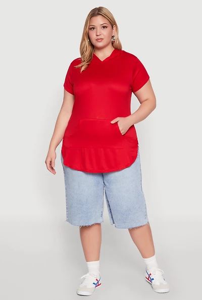Womens Plus Size Kangaroo Pocket Tunic Hooded Top, Red, Size 2X
