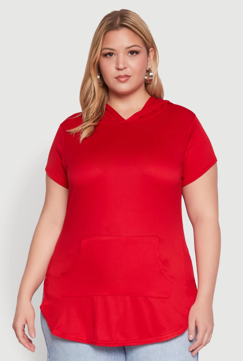 Womens Plus Size Kangaroo Pocket Tunic Hooded Top, Red, Size 2X