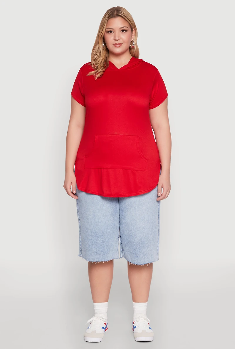 Womens Plus Size Kangaroo Pocket Tunic Hooded Top, Red, Size 2X