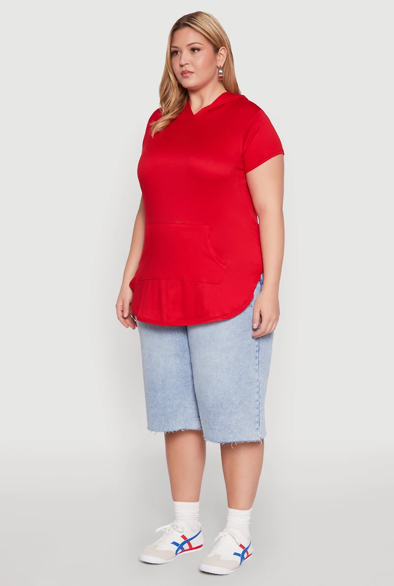 Womens Plus Size Kangaroo Pocket Tunic Hooded Top, Red, Size 2X