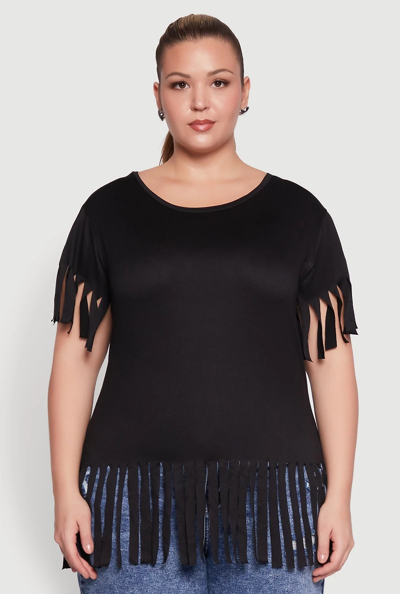 Womens Plus Fringe Sleeve Tee,