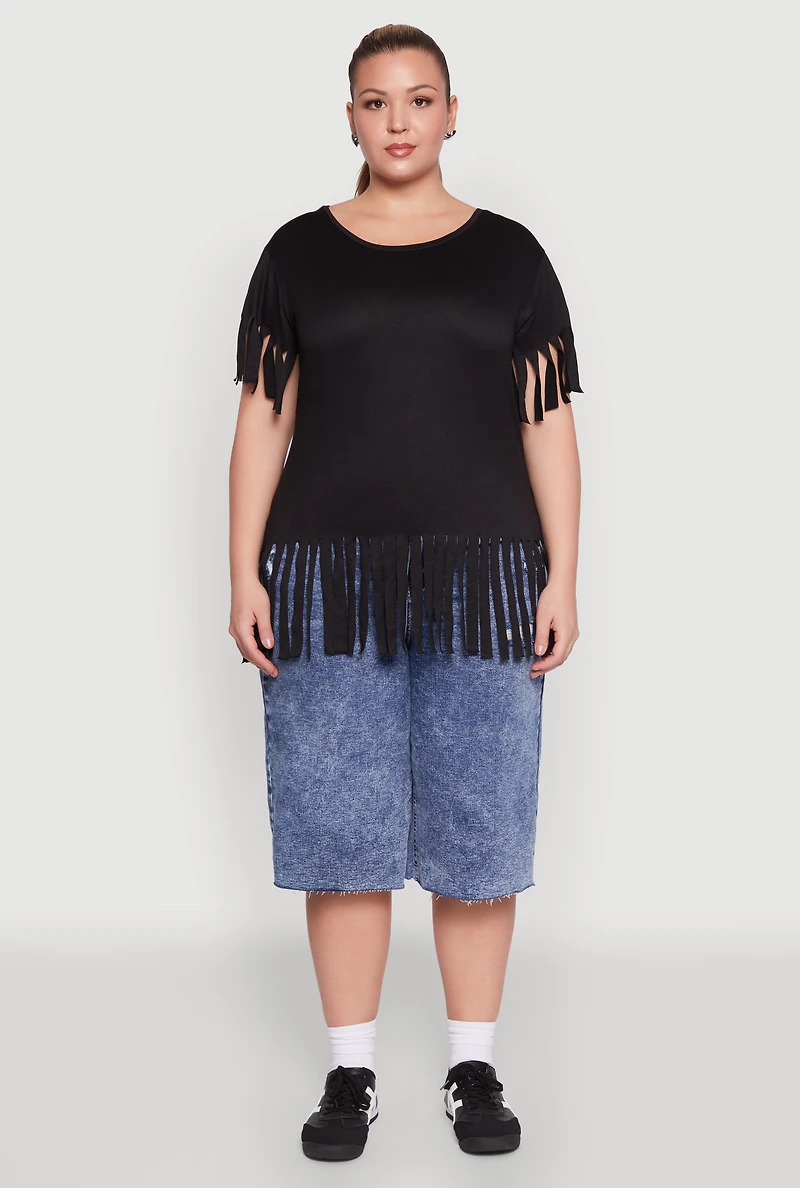 Womens Plus Size Fringe Sleeve Tee, Black, Size 1X
