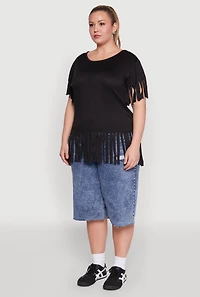 Womens Plus Size Fringe Sleeve Tee, Black, Size 1X