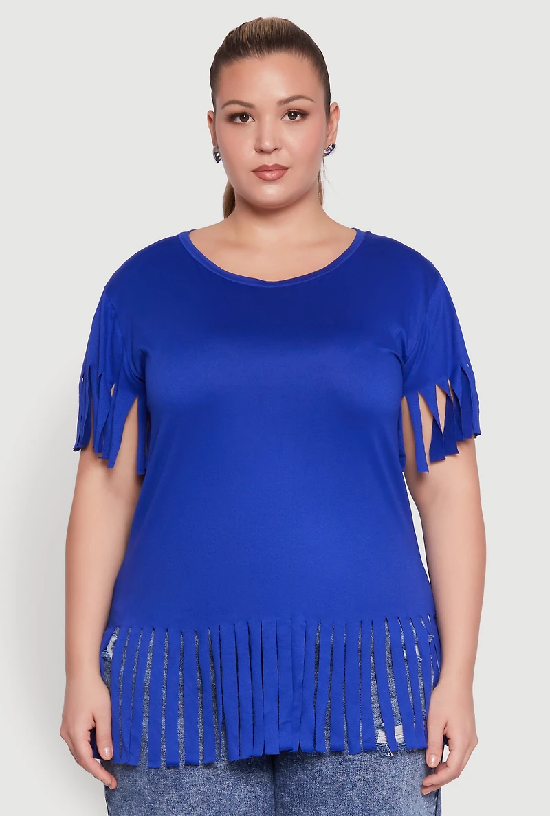 Womens Plus Fringe Sleeve Tee, Blue,