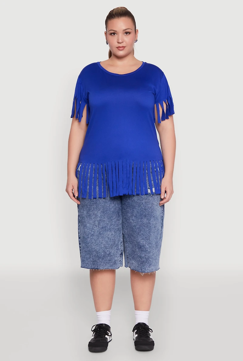 Womens Plus Fringe Sleeve Tee, Blue,