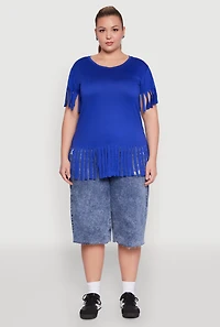 Womens Plus Fringe Sleeve Tee, Blue,
