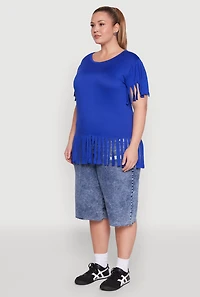 Womens Plus Fringe Sleeve Tee, Blue,