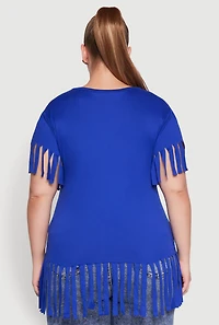 Womens Plus Fringe Sleeve Tee, Blue,