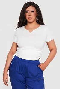 Plus Ruched Short Sleeve Notch Neck Top