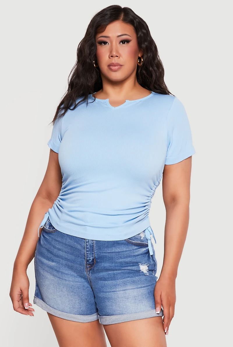 Plus Ruched Short Sleeve Notch Neck Top