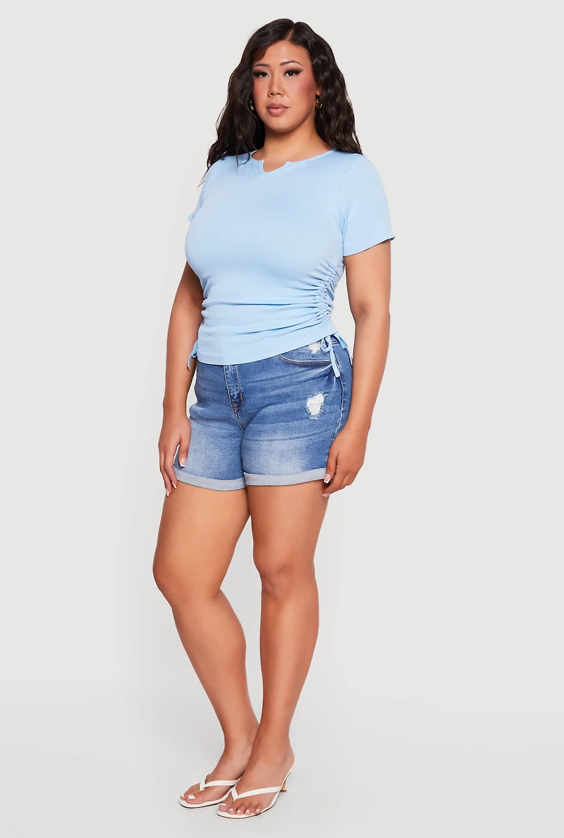 Plus Ruched Short Sleeve Notch Neck Top