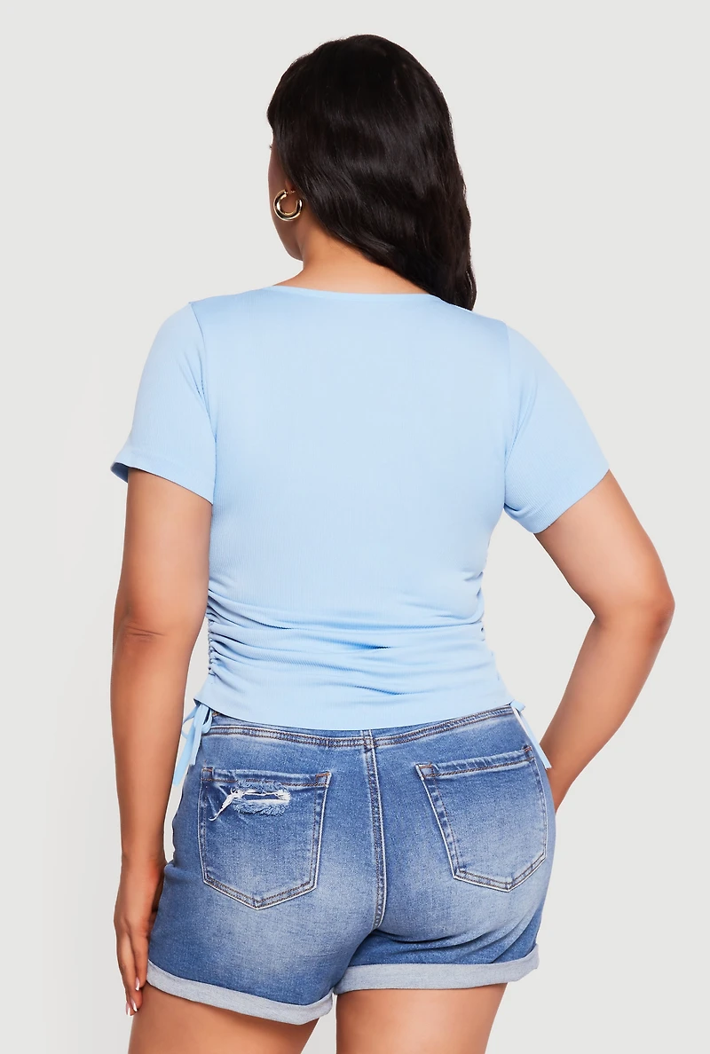 Plus Ruched Short Sleeve Notch Neck Top