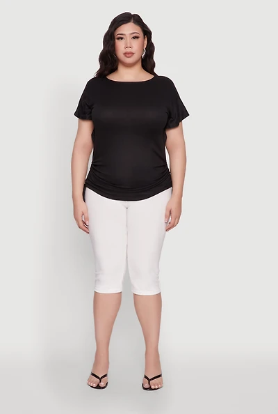 Womens Plus Drawstring Side Flutter Sleeve Top,