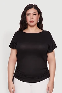 Womens Plus Size Drawstring Side Flutter Sleeve Top, Black, Size 3X