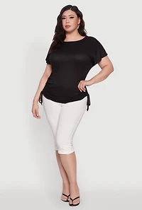 Womens Plus Size Drawstring Side Flutter Sleeve Top, Black, Size 1X