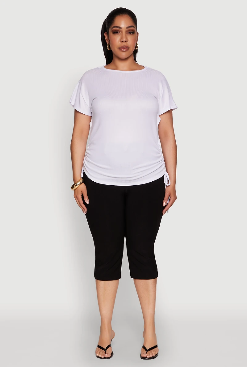 Womens Plus Size Drawstring Side Flutter Sleeve Top, White, Size 1X