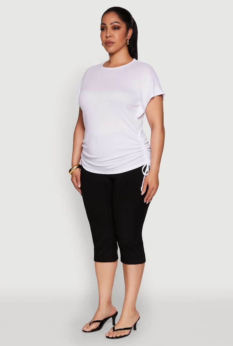 Womens Plus Size Drawstring Side Flutter Sleeve Top, White, Size 1X