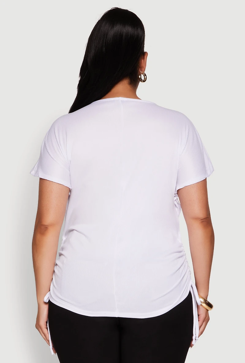 Womens Plus Size Drawstring Side Flutter Sleeve Top, White, Size 1X