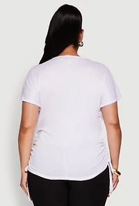 Womens Plus Size Drawstring Side Flutter Sleeve Top, White, Size 1X