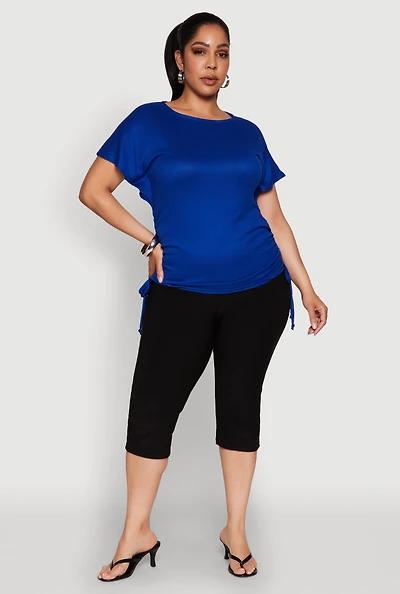 Womens Plus Drawstring Side Flutter Sleeve Top,