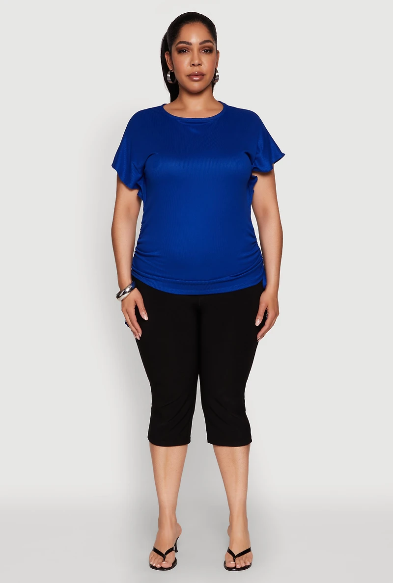 Womens Plus Drawstring Side Flutter Sleeve Top,