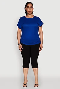 Womens Plus Drawstring Side Flutter Sleeve Top,
