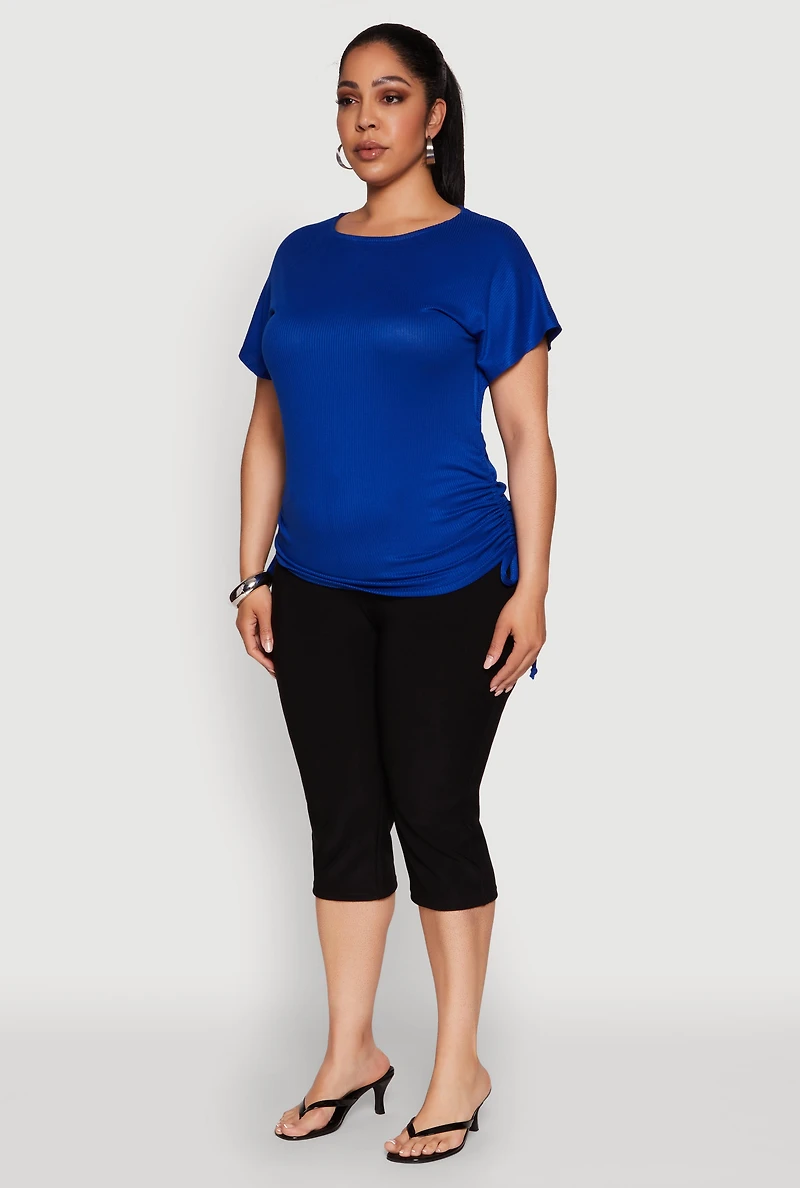 Womens Plus Drawstring Side Flutter Sleeve Top,