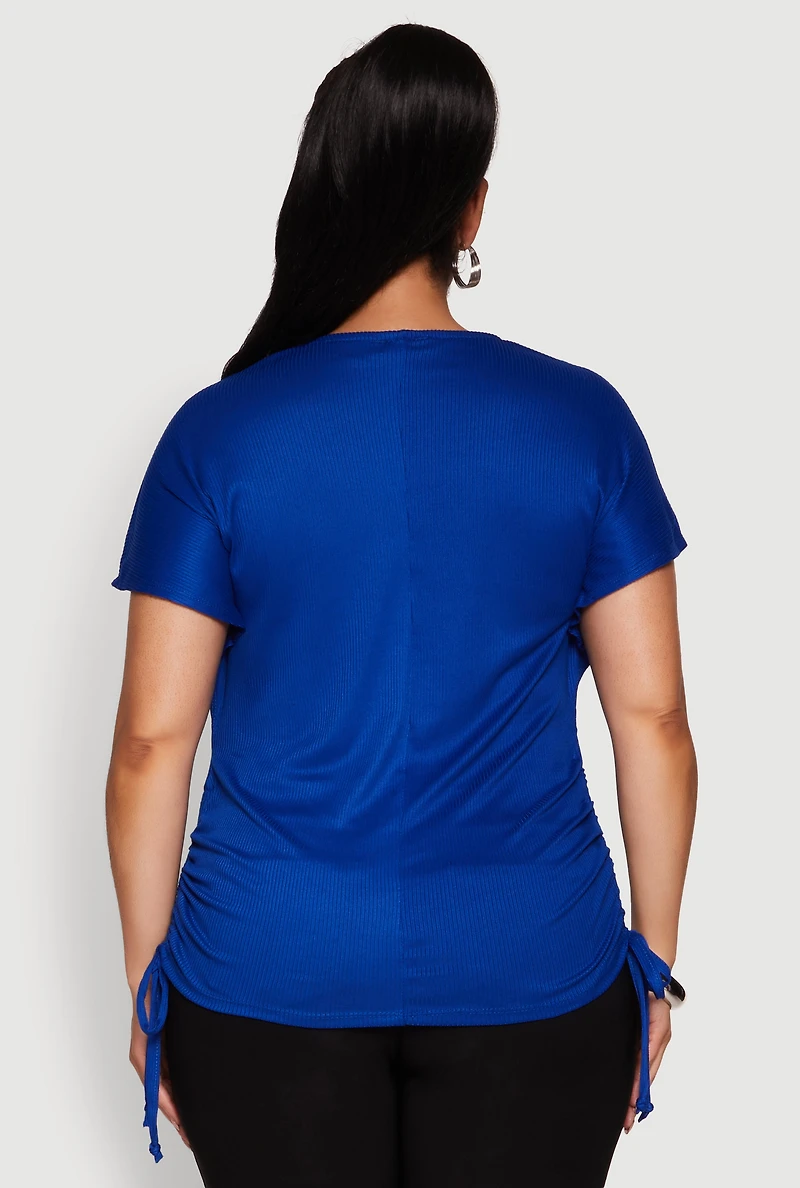 Womens Plus Drawstring Side Flutter Sleeve Top,