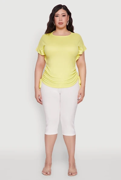 Womens Plus Drawstring Side Flutter Sleeve Top, Yellow,