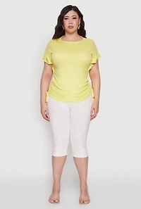 Womens Plus Drawstring Side Flutter Sleeve Top, Yellow,