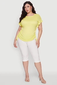 Womens Plus Drawstring Side Flutter Sleeve Top, Yellow,
