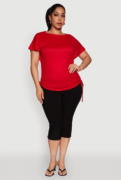 Womens Plus Drawstring Side Flutter Sleeve Top,