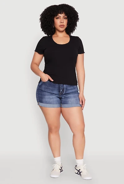 Womens Plus Ribbed Lace Detail Lettuce Edge Top,