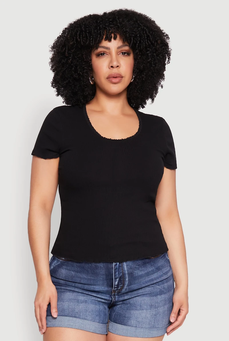 Plus Ribbed Lace Detail Lettuce Edge Top