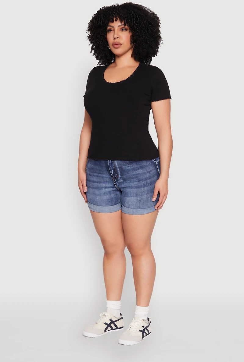 Womens Plus Size Ribbed Lace Detail Lettuce Edge Top, Black, Size 2X
