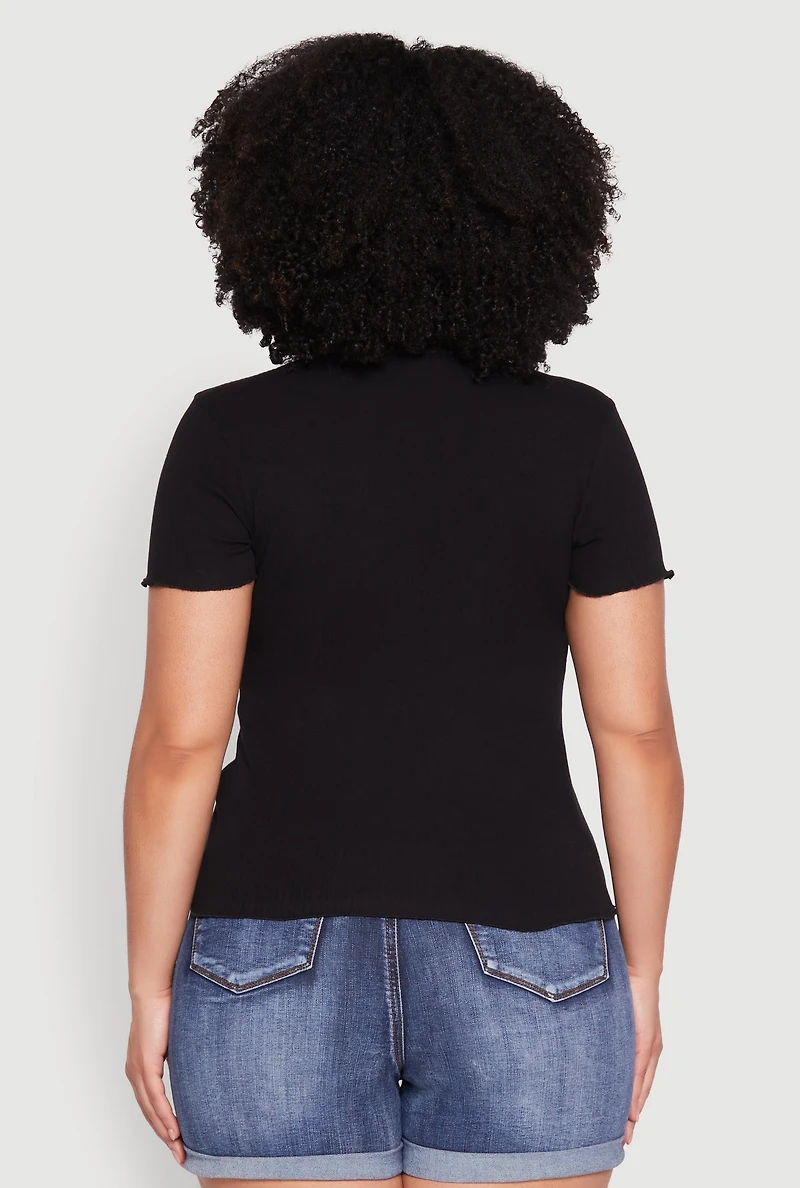 Womens Plus Size Ribbed Lace Detail Lettuce Edge Top, Black, Size 2X
