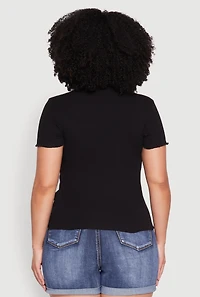 Womens Plus Size Ribbed Lace Detail Lettuce Edge Top, Black, Size 2X