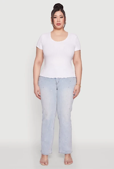 Womens Plus Size Ribbed Lace Detail Lettuce Edge Top, White, Size 3X